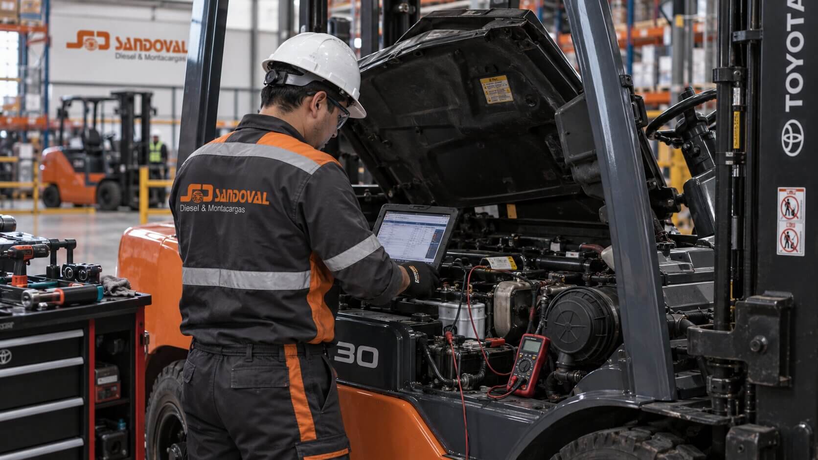 Técnico evaluando una falla en un montacargas dentro de un almacén
